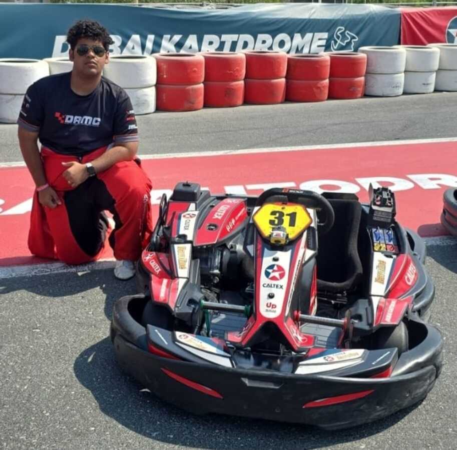 Jaiaditya Kaushal with his kart at Dubai Kartdrome